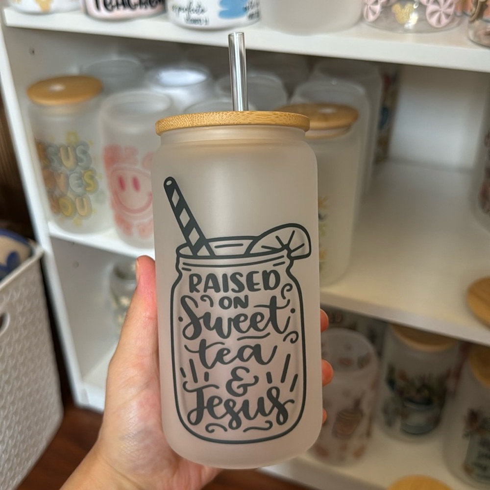 Sweat Tea And Jesus Can Glass Cup